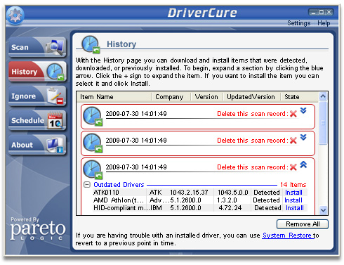 Download Free Scan: ParetoLogic DriverCure’s History page lets you review and download previously detected drivers